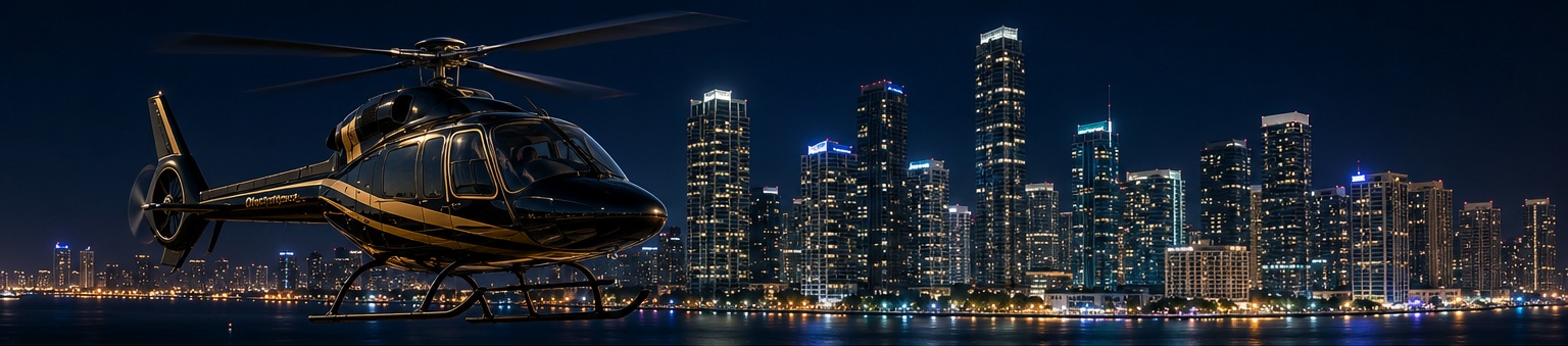 Private helicopter over Miami skyline at night